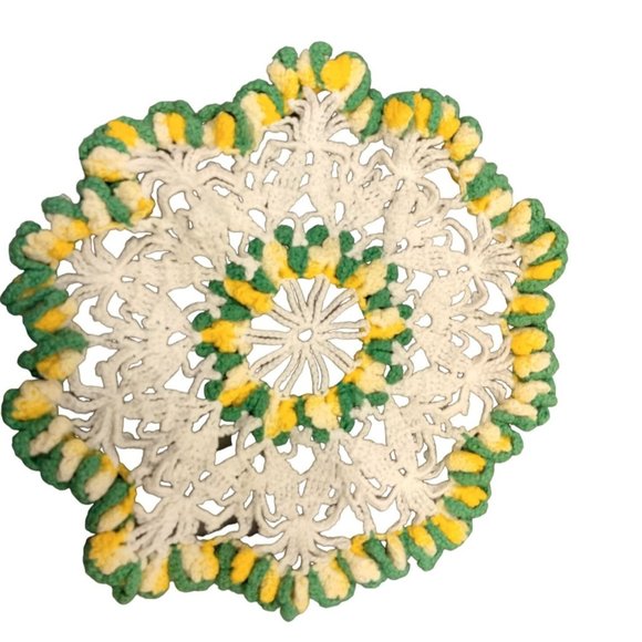 Hand Crocheted Doily Round White Green Yellow Grannycore Vintage 9 inch - Picture 4 of 5